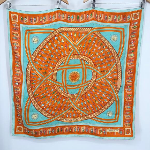 HERMES Donner La Main Carre 100% Silk Geometric Scarf 90cm Square Orange - Picture 15 of 15
